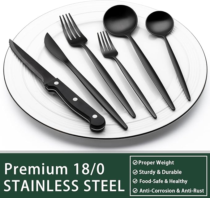 EWFEN 24-Piece Black Silverware Set with Steak Knives, Black Flatware Set for 4, Food-Grade Stainless Steel Tableware Cutlery Set, Mirror Finished Utensil Sets for Home Restaurant, Long Edge - Image 5