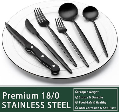 EWFEN 24-Piece Black Silverware Set with Steak Knives, Black Flatware Set for 4, Food-Grade Stainless Steel Tableware Cutlery Set, Mirror Finished Utensil Sets for Home Restaurant, Long Edge - Image 5