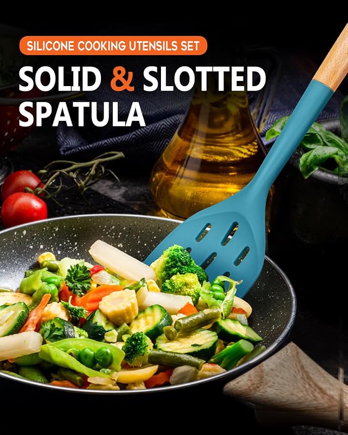 Pack of 2 Silicone Spatula, Non Stick Cooking Utensil Set Wooden Handle Kitchen Turner for Baking Mixing Grilling Serving Food Heat Resistant Non Scratch Hooks Included (Blue) - Image 6
