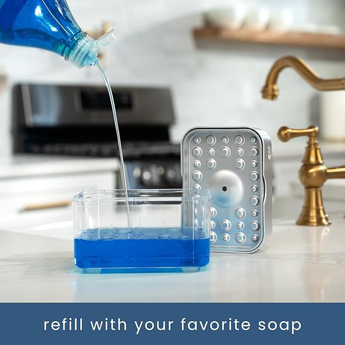 S&T INC. Dish Soap Dispenser and Sponge Holder for Kitchen Sink with Enhanced Features, Sponge Included, 13 Ounces, Silver - Image 3
