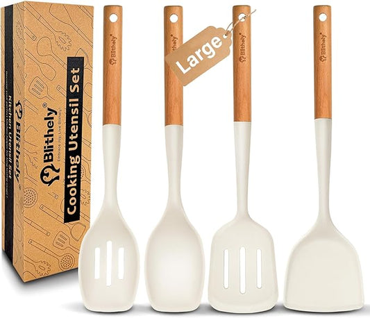4PCS Silicone Cooking Spatula and Spoons Set, Nonstick Kitchen Utensils Set with Wood Handle, Heat Resistant Silicone Solid and Slotted Spatula Set with Turners, Serving Spoons(White)