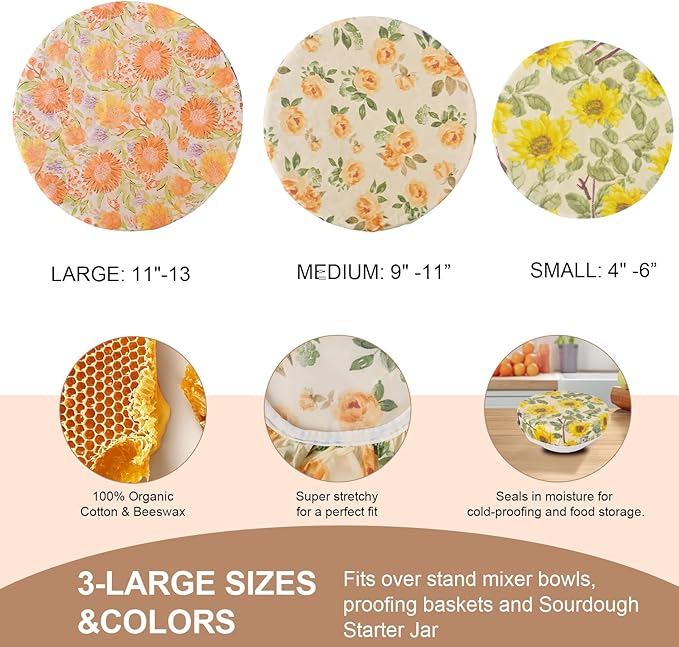 Reusable Bowl Covers for Bread Proofing - Beeswax Bowl Covers Reusable 3 Set, Cotton Blend Stretch Design, Fits 4-13 Inch Bowls, Shower Caps for Sourdough Bread, Dough Proofing & Food Storage（Flower）