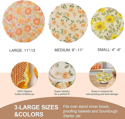 Reusable Bowl Covers for Bread Proofing - Beeswax Bowl Covers Reusable 3 Set, Cotton Blend Stretch Design, Fits 4-13 Inch Bowls, Shower Caps for Sourdough Bread, Dough Proofing & Food Storage（Flower）