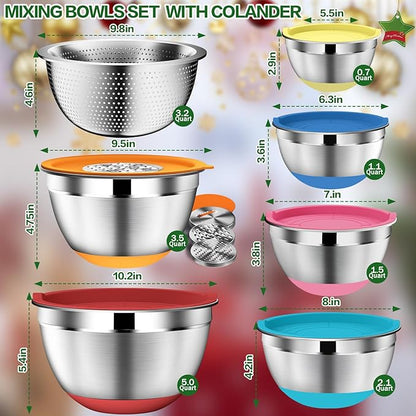 DUTZUN Mixing Bowls with Lids Set - 16pcs Stainless Steel Mixing Bowl Set with Colander, 3 Grater Attachments, Non-Slip Bottom, Metal Nesting Bowls with Strainer for Mixing & Serving - Multicolor - Image 2