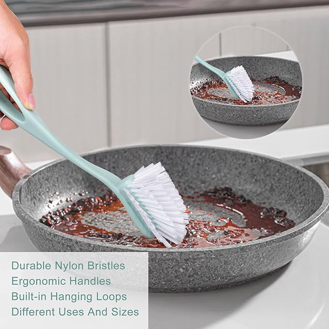 Dish Brush with Handle, Kitchen Dish Scrub Brush Set, 4-Piece Kitchen Cleaning Brush Set for Pots and Bottles, Nordic Green - Image 3