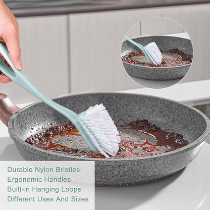 Dish Brush with Handle, Kitchen Dish Scrub Brush Set, 4-Piece Kitchen Cleaning Brush Set for Pots and Bottles, Nordic Green - Image 3