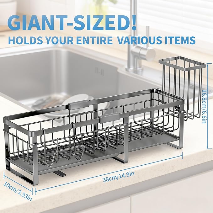 Aurblozen Extra Large Extendable Sponge Holder for Kitchen Sink, Rustproof Sink Caddy Organizer with High Brush Holder, Dish Soap Dispenser Organizers and Storage (Gray) - Image 2