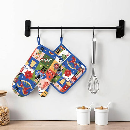 Christmas Nutcrackers Silicone Oven Mitts Pan Mats Set of 2, Heat Resistant Gloves Potholder with Non-Slip Grips Hanging Loops Pot Holder, Spring Summer for Chef Cooking, Baking, Grilling, BBQ