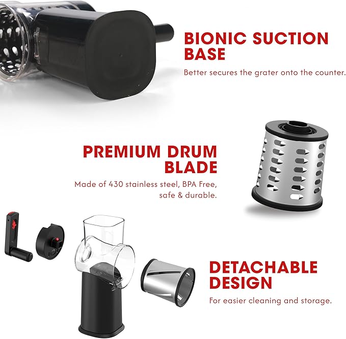 Rotary Cheese Grater Hand Crank with Foldable Handle, 3 Stainless Steel Blades, Perfect Graters for Kitchen, Manual Cheese Shredder Hand Crank with Suction Base, Rotary Grader, (Black) - Image 2