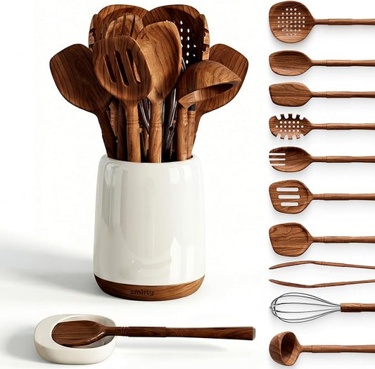 Wooden Spoons for Cooking - 12-Piece Premium Walnut Wood Utensil Set with Elegant Ceramic Holder & Spoon Rest, Non-Scratch Cooking Utensils Set for Nonstick Cookware, Luxury Kitchen Gift Set [Walnut]