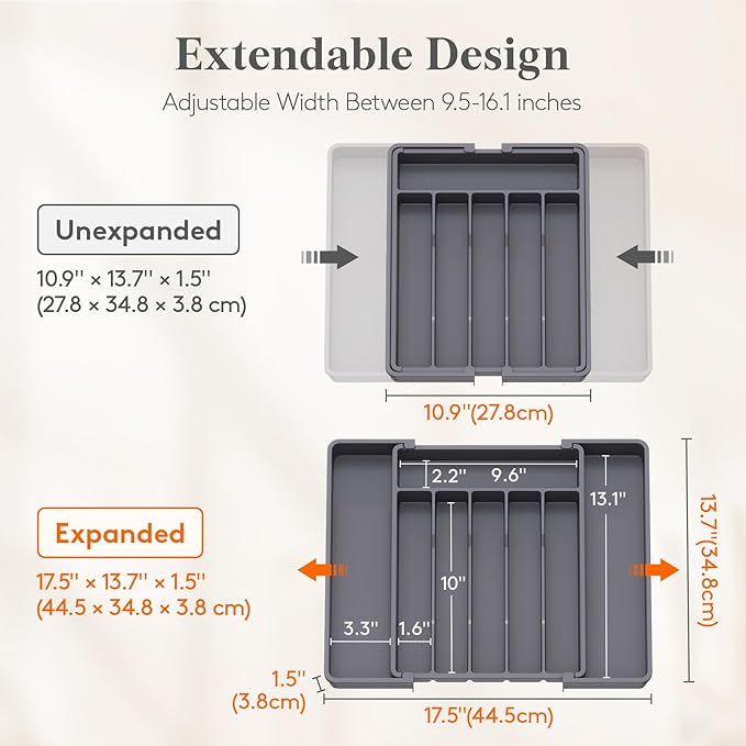 Lifewit Silverware Drawer Organizer, Expandable Utensil Tray for Kitchen, BPA Free Flatware and Cutlery Holder, Adjustable Plastic Storage for Spoons Forks Knives, 10.9"-17.5" x 13.7", Dark Grey - Image 2