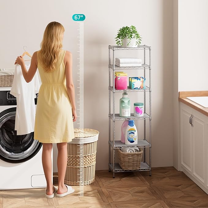 SINGAYE 6 Tier Shelf Wire Shelving Adjustable Storage Shelves Rack Standing Units for Kitchen Closet Laundry Bathroom Organizers Metal Pantry Narrow Mesh Gaps 10" D x 16" W x 60" H Gray - Image 2