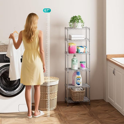 SINGAYE 6 Tier Shelf Wire Shelving Adjustable Storage Shelves Rack Standing Units for Kitchen Closet Laundry Bathroom Organizers Metal Pantry Narrow Mesh Gaps 10" D x 16" W x 60" H Gray - Image 2