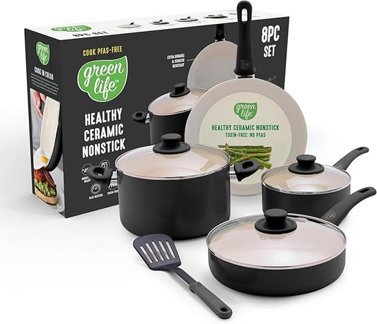 GreenLife 8 Piece Nonstick Cookware Set, Non-Toxic PFAS-Free Ceramic Pots & Pans, Dishwasher & Oven Safe, Frying, Sauce, Stock Pot, Glass Lids, Stay-Cool Handles, Wobble Free, Black
