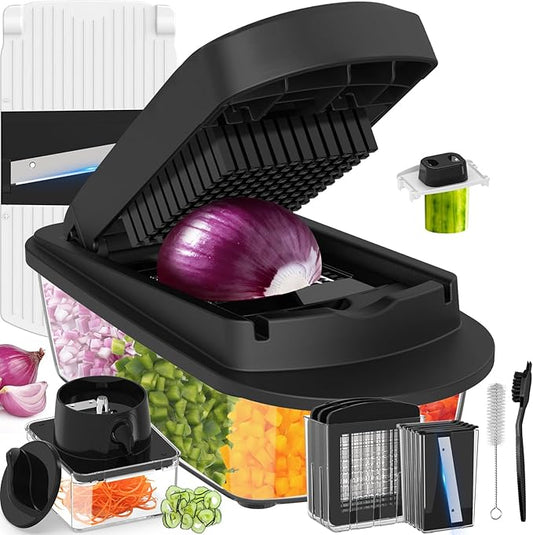 12 Blade All-in-1 Vegetable Chopper Mandoline Slicer with Container, Spiralizer with Containers, Food Chopper, Onion Chopper, Veggie Cutter for Salad, Kitchen Gadgets Accessories Essentials, Black by ukeetap