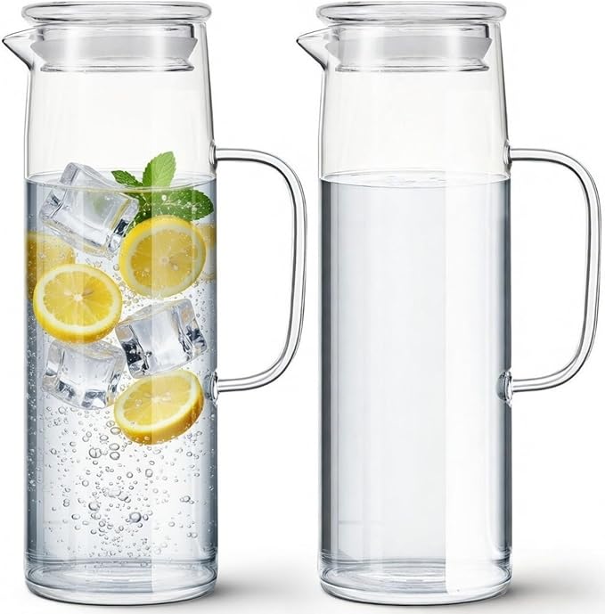 Hsei 2 Sets Glass Pitcher with Lid, 50 oz / 1500 ml Water Carafe with Handles Hot Cold Beverage Water Jar Glass Jug for Tea Juice Milk Coffee Iced Beverage (Glass Lid)