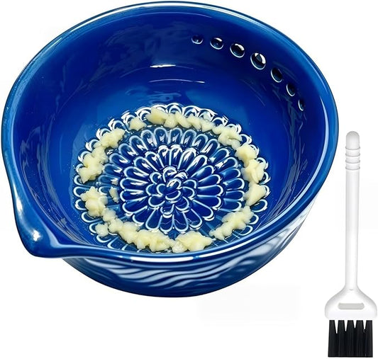 3-in-1 Ceramic Grater Bowl with Herb Stripper, Kitchen Tool for Garlic, Ginger & Vegetables, Easy to Clean Stripping Bowl for Kale, Rosemary, Thyme, and Basil, Dishwasher Safe (Blue)
