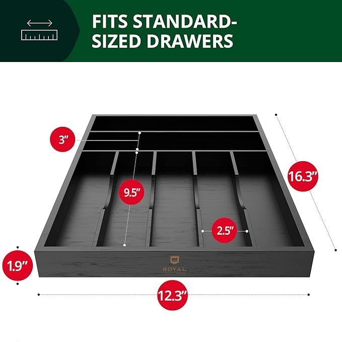 ROYAL CRAFT WOOD Luxury Bamboo Kitchen Drawer Organizer - Silverware Organizer - Utensil Holder and Cutlery Tray with Grooved Drawer Dividers for Flatware and Kitchen Utensils (7 Slot, Black) - Image 4