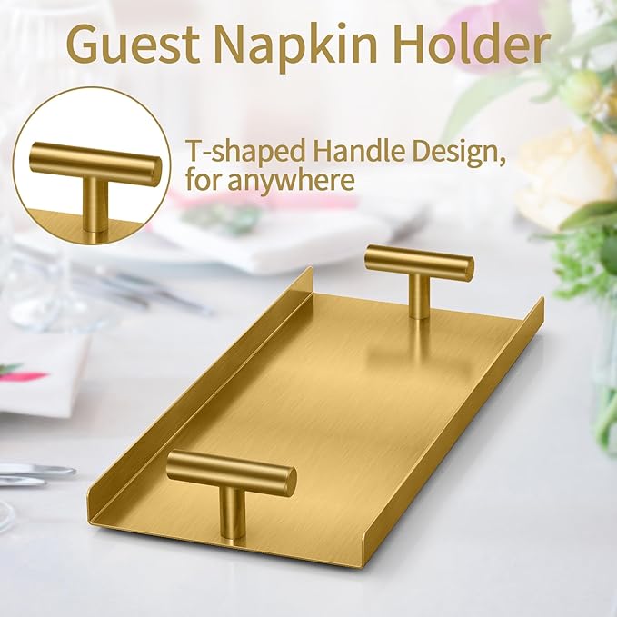 STWWO Napkin Holder for Bathroom, Guest Towel Holder Tray for Bathroom, Gold Guest Napkin Holders with T-Handle, Disposable Hand Towel Tray for Guest Room, Table, Kitchen (Pack of 2)