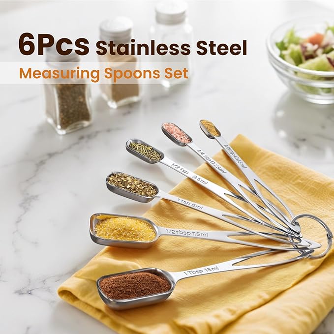 6PCS Narrow Measuring Spoons Set, Stainless Steel Measuring Spoon Fits in Spice Jars, Metal Teaspoon Measuring Spoons, Rectangular Tablespoon, Long Measuring Spoons for Dry & Liquid Ingredients - Image 2