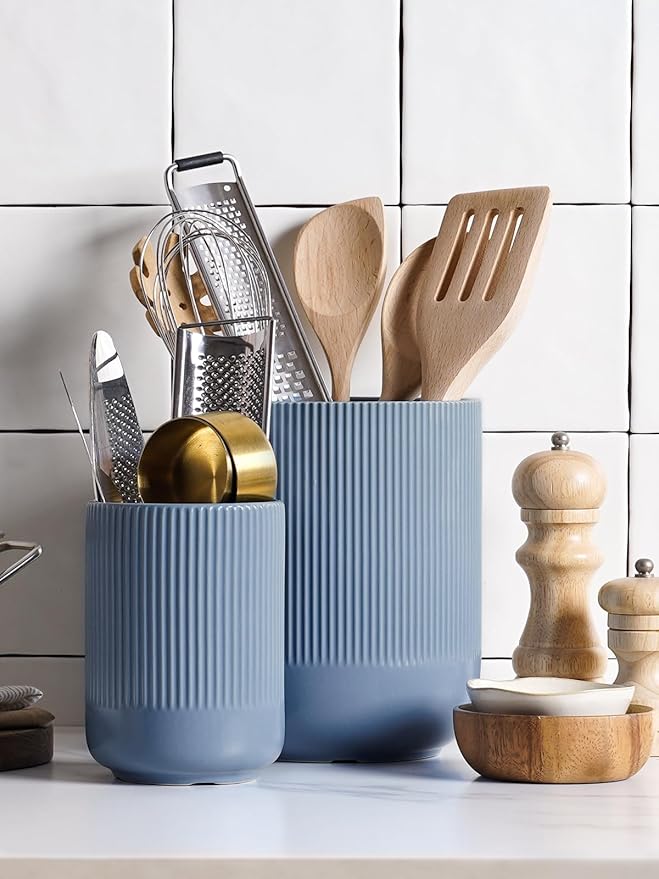 LE TAUCI Utensil Holder for Kitchen Counter, 7.3"+5.4" Fluted Ceramic Utensil Crock Organizer for Countertop, Heavy Large Holder for Spatulas, Spoons, Set of 2, Dusty Blue - Image 3