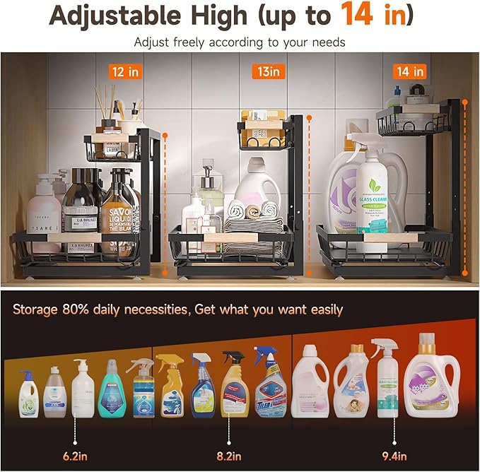 Sevenblue 2 Packs Under Sink Organizer, Height Adjustable 2 Tier Under Kitchen Sink Organizer, Multi-Purpose Storage Shelf for Kitchen Bathroom Cabinet (Black, Extra Large) - Image 3