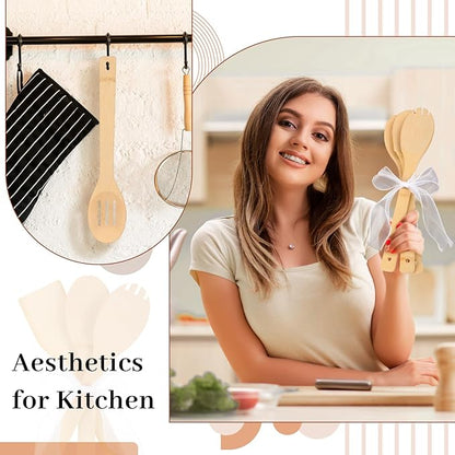 Reallnaive 72 Pcs Bamboo Spatula Wooden Kitchen Utensil Bulk 12''wood Spoon Spatula for Cooking with Ribbon Bridal Baby Shower Game Prize Wedding Party Favors Housewarming Gift (Various Style)