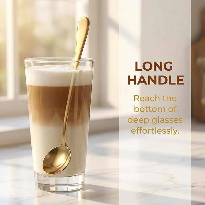 Espresso Spoons Long Handle, 4PCS Gold Stainless Steel Coffee Stirring Spoons 7.28 Inch, Round Tip Demitasse Spoon for Iced Coffee, Tea, Dessert, Cappuccino, Coffee Bar