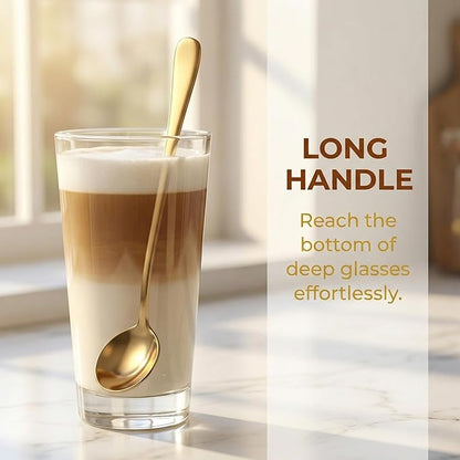 Espresso Spoons Long Handle, 4PCS Gold Stainless Steel Coffee Stirring Spoons 7.28 Inch, Round Tip Demitasse Spoon for Iced Coffee, Tea, Dessert, Cappuccino, Coffee Bar