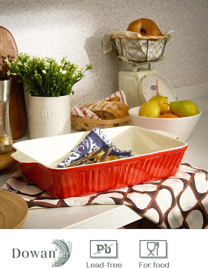 DOWAN 9x13-inch Deep Casserole Baking Dish for Lasagna, 135 oz Ceramic Pan with Handles, Oven Safe for Baking and Home Decor, Red - Image 5