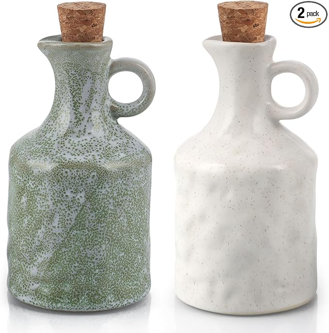 MDLUU Ceramic Olive Oil Vinegar Dispenser Bottle with Cork Stopper, 13.5 oz Porcelain Clay Small Opaque Oil Cruets with Funnel, Set of 2 (Green and White)