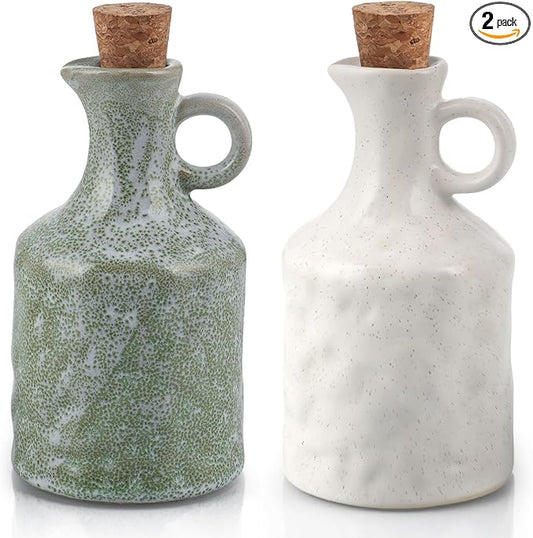 MDLUU Ceramic Olive Oil Vinegar Dispenser Bottle with Cork Stopper, 13.5 oz Porcelain Clay Small Opaque Oil Cruets with Funnel, Set of 2 (Green and White)