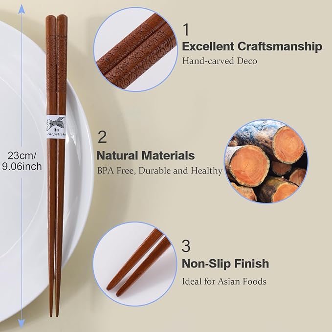 Reusable Chopsticks，GLAMFIELDS Japanese Natural Wooden 5 Pairs Hand-Carved Classic Style Lightweight Safe Chop Sticks 8.8 Inch/22.5cm Gift Set - Image 2
