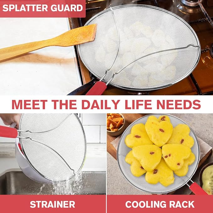 Splatter Screen for Frying Pan & Food Strainer,13 Inch Stainless Steel Grease Splatter Guard,Shield from Splashing Oil, Dishwasher Safe(Red) - Image 6