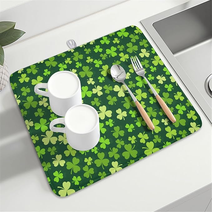St. Patrick's Day Dish Drying Mat for Kitchen Counter,Irish Green Shamrocks Clover Leaves Drying Mat 16 x 18 Inch with Absorbent Reversible Microfiber Dish Drying Pad for Coffee Bar - Image 8