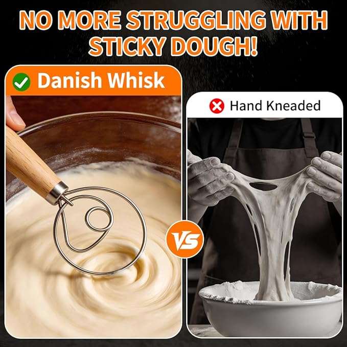 Polly Online Dough Whisk,Wooden Handle Danish Sourdough Whisk with Stainless Steel Dough Hook for Bread, Pastry or Pizza Dough 13 Inch 1-PACK - Image 4