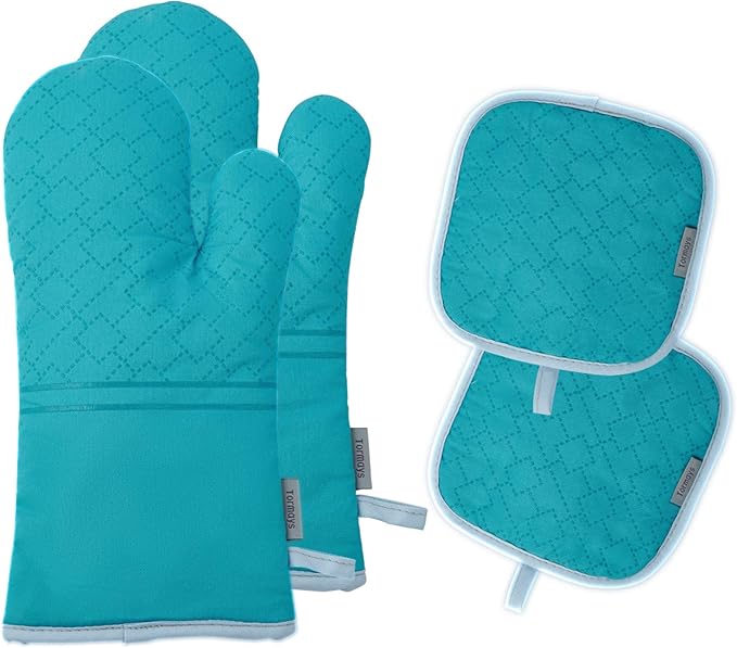 4Pcs Oven Mitts and Pot Holders Set, 572F Heat Resistant Oven Glove, Soft Cotton Lining with Non-Slip Surface for Kitchen Baking BBQ (Turquoise) by Tormays