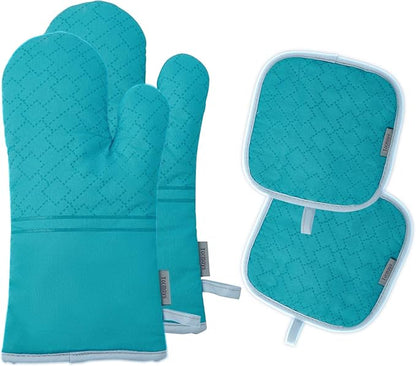 4Pcs Oven Mitts and Pot Holders Set, 572F Heat Resistant Oven Glove, Soft Cotton Lining with Non-Slip Surface for Kitchen Baking BBQ (Turquoise) by Tormays