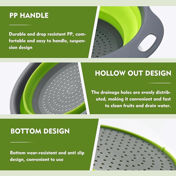 Silicone Colander Collapsible Strainers Set for Kitchen- 3 Pack (3Qt, 4Qt,5Qt) -Over Home Draining Basket, Food Vegetables & Fruits-Dishwasher Safe, BPA Free Space Saving Design (Green,Blue,Red) - Image 4