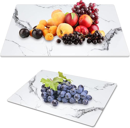 JAMBALAY Tempered Glass Cutting Boards for Kitchen, White 12"x8" & 16"x12" Glass Cutting Board Set with Marble Design, With Non Slip Foot, Shatter and Heat Resistant, Dishwasher Safe
