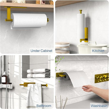 Paper Towel Holder Under Cabinet, Gold Adhesive Paper Towel Holder Wall Mount for Kitchen, Bathroom, RV, Bend-Resistant, Self-Adhesive or Drill mounting, Stainless Steel, 2 Pack - Image 2