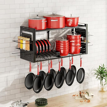 31 Inch Pot Rack Wall Mounted，3 in 1 Pots and Pans Organizer with 2 tier Kitchen Racks & Pot Lid Organizer Holder and 20 Hooks,Heavy Duty Hanging Pot Hanger for Kitchen Cookware, Utensils, Black - Image 7