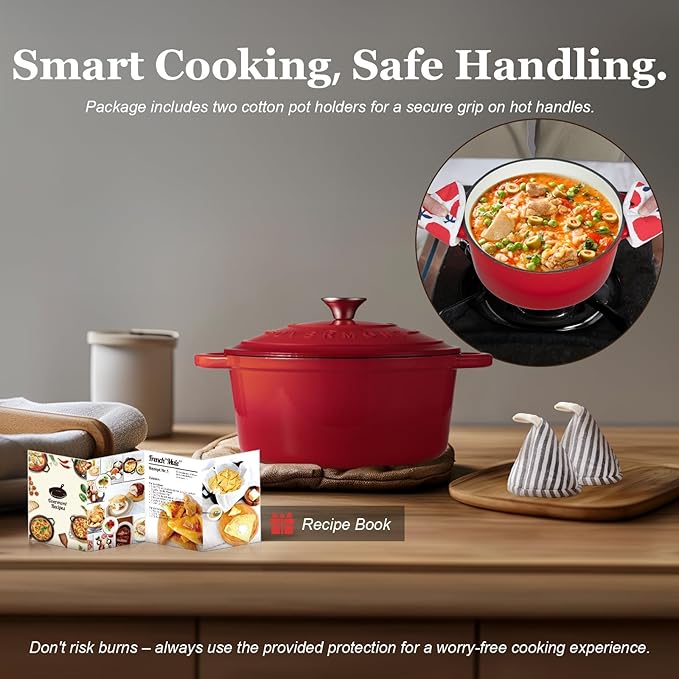 Overmont 5.5QT Enameled Cast Iron Dutch Oven with Lid Cookbook Heavy-Duty Casserole with Dual handles for Braising, Stews, Roasting, Sourdough Baking - Image 5