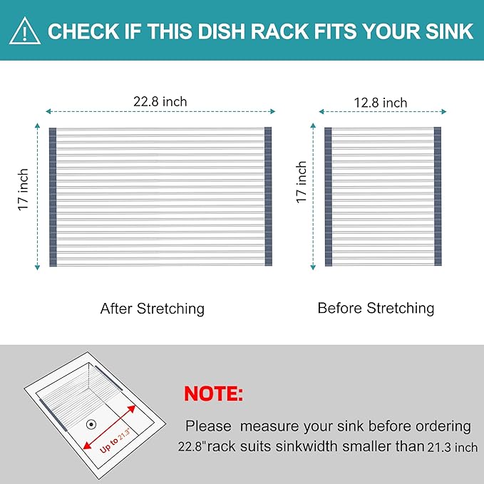BBXTYLY Extra Large Expandable Roll Up Dish Drying Rack,Over The Sink Drying Rack Sink Cover Kitchen Sink Accessories Kitchen Rolling up Stainless Steel Drainer, Foldable,Rollable（Grey，25.1''-17.3''） - Image 2
