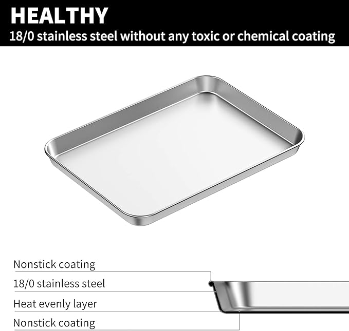 Baking Sheets 2 Pieces, Bastwe Stainless Steel Baking Pan Tray Cookie Sheet, Rectangle Size 9 X 7 X 1 inch, Healthy & Non Toxic, Rust Free & Mirror Finish, Easy Clean & Dishwasher Safe - Image 2