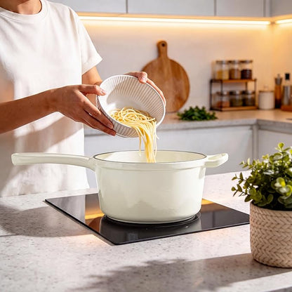 2Qt Enameled Cast Iron Sauce Pan, Leonyo Dutch Oven Pot with Lid, Non Stick Cooking Simmer Pots Induction Kitchen Cookware for All Cooktops Baking Bread, Soup, Ramen - Up to 500°F, Cream White