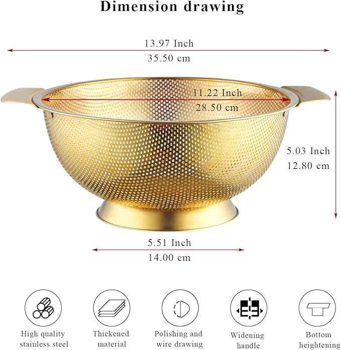 Kyraton Gold Colander 5 Quart, Professional Titanium Gold Plating Stainless Steel Strainer with Heavy Duty Handles and Self Draining Solid Ring Base, Easy Clean and Dishwasher Safe
