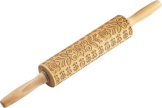 TableCraft Embossed Beech Wood Rolling Pin – 15.25 Inches, Spring Floral Imprint for Baking, Durable Wood Rolling Pin for Cookies, Pastries & Fondant, Elegant Carved Design, Handwash Recommended
