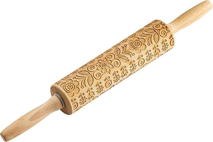 TableCraft Embossed Beech Wood Rolling Pin – 15.25 Inches, Fall Leaf Imprint for Seasonal Baking, Durable Wood Rolling Pin for Cookies, Pastries & Fondant, Autumn Carved Design, Handwash Recommended