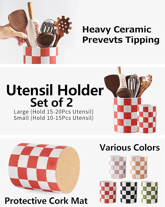 Utensil Holder，7.1"+5.8" Ceramic Kitchen Utensil for Counter top, Checkered Cooking Utensil Holder for Spatula & Spoon, Kitchen Decor, Set of 2 (Red Checkered) - Image 4